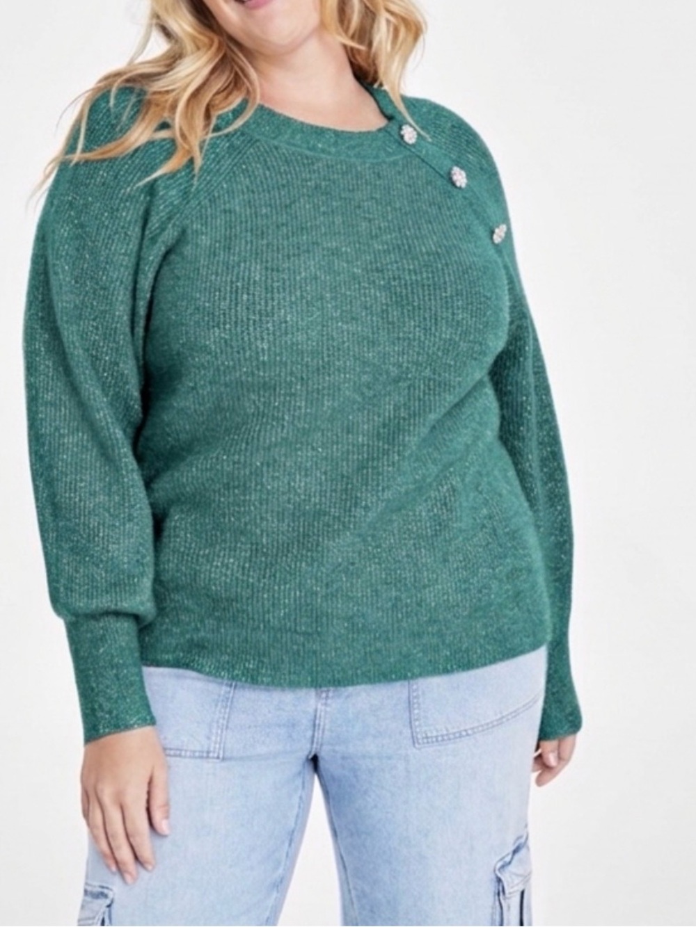 On 34Th Women’s Jewel-Button Raglan-Long Sleeve Crew Neck Knit Sweater Size 3XL